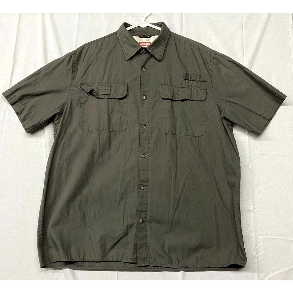 Wrangler Premium Quality Shirt Mens Large Charcoal Cotton Short Sleeve Button Up